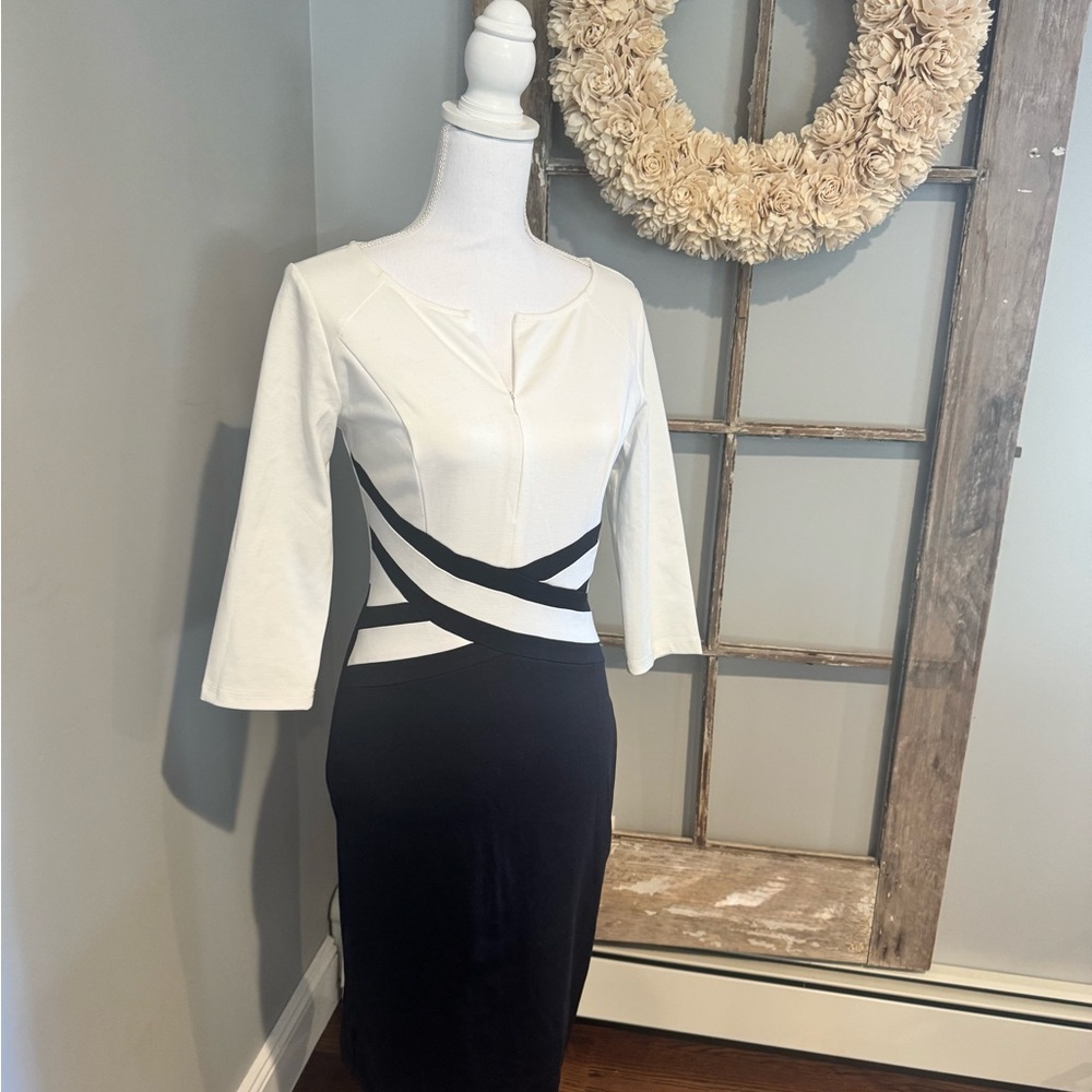 Elegant Black and White Long Sleeve Sheath Dress